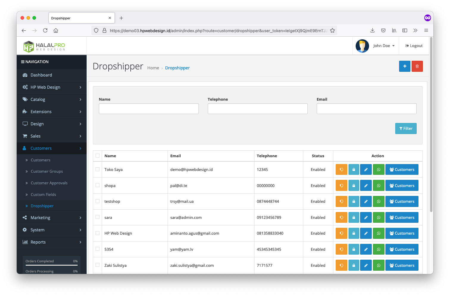 dropshipper management in dashboard page opencart
